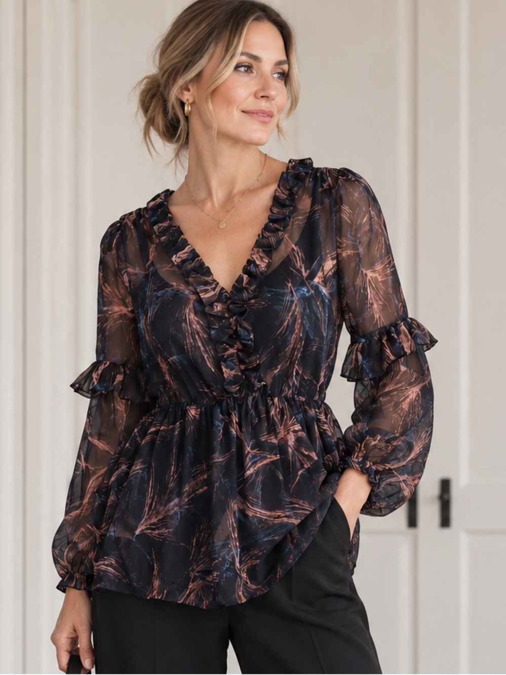 Molly Bracken Sheer Ruffle Blouse XS | Romantic Boho Sheer Floral Top